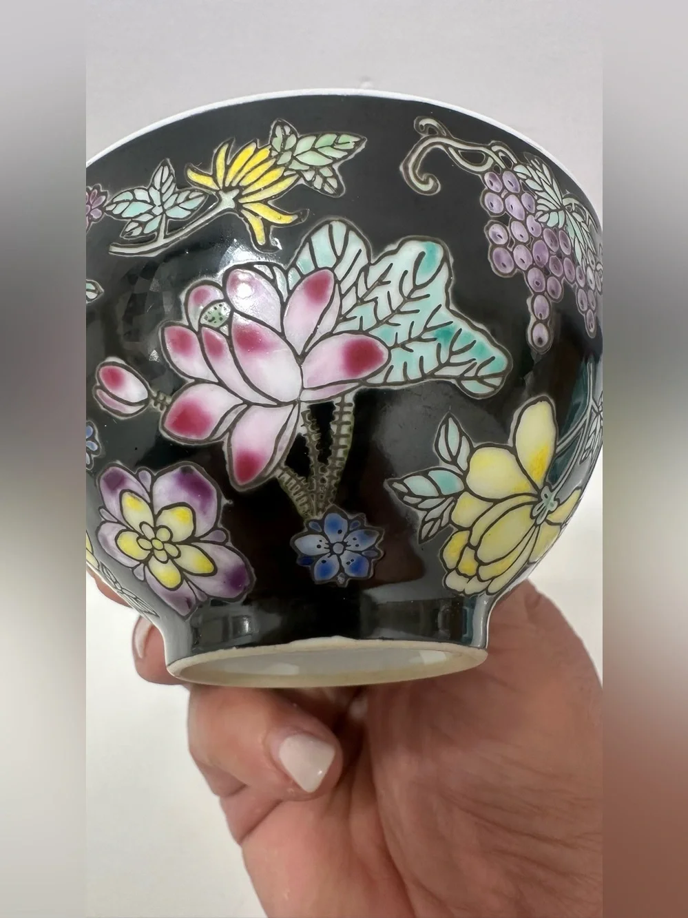 2 Jingdezhen Famille Noire teacup Sets Rose Noire Pink Peonies Black Mille Fleur